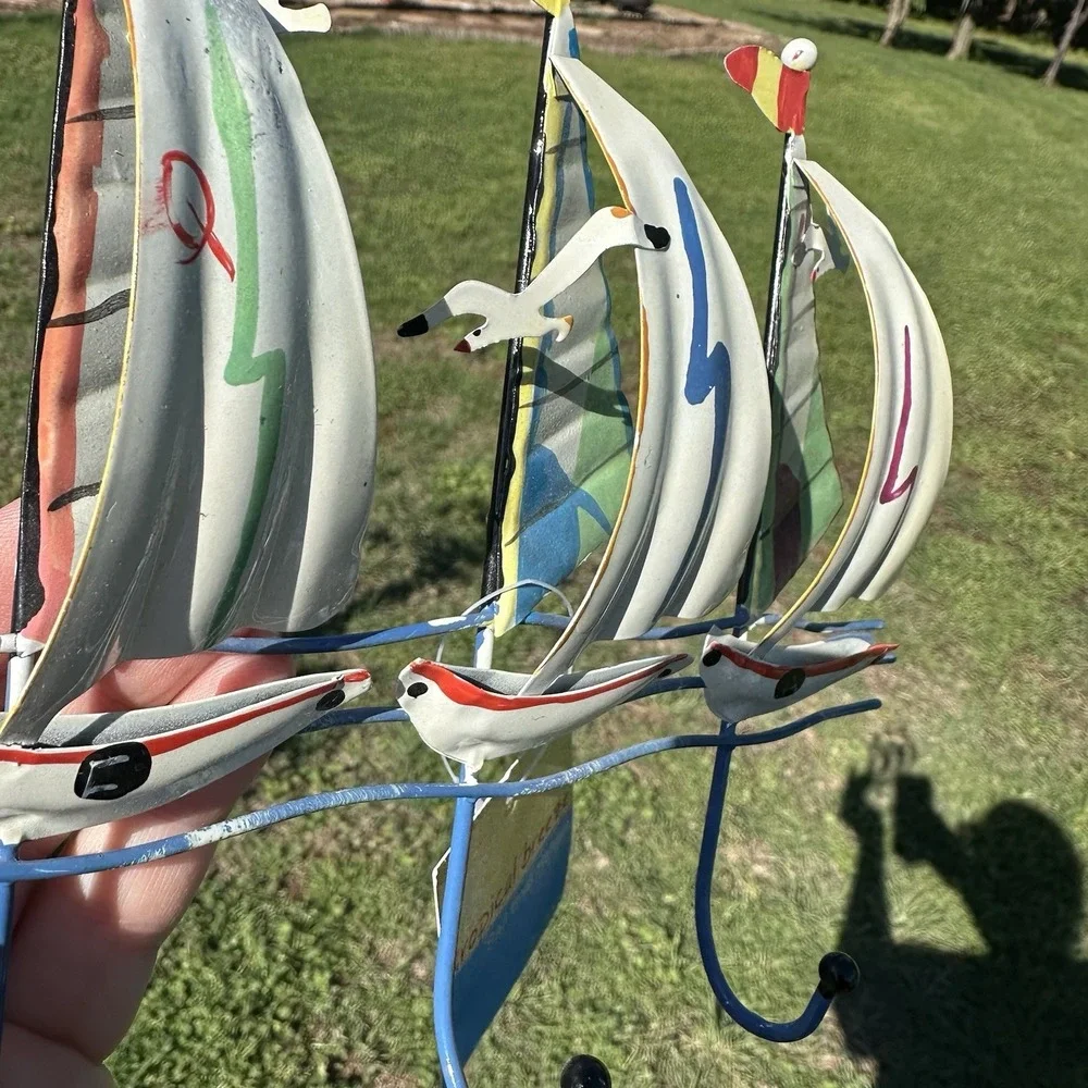 VINTAGE Three Sailboat Boats Wall Coat Hanger Seagulls Metal Beach Nautical 3D